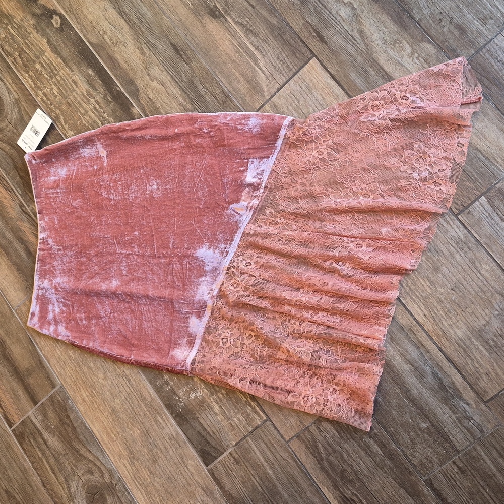 0/2 Free People Asymmetrical Crushed Velvet & Lace Midi Skirt, Side Zipper - Picture 2 of 12